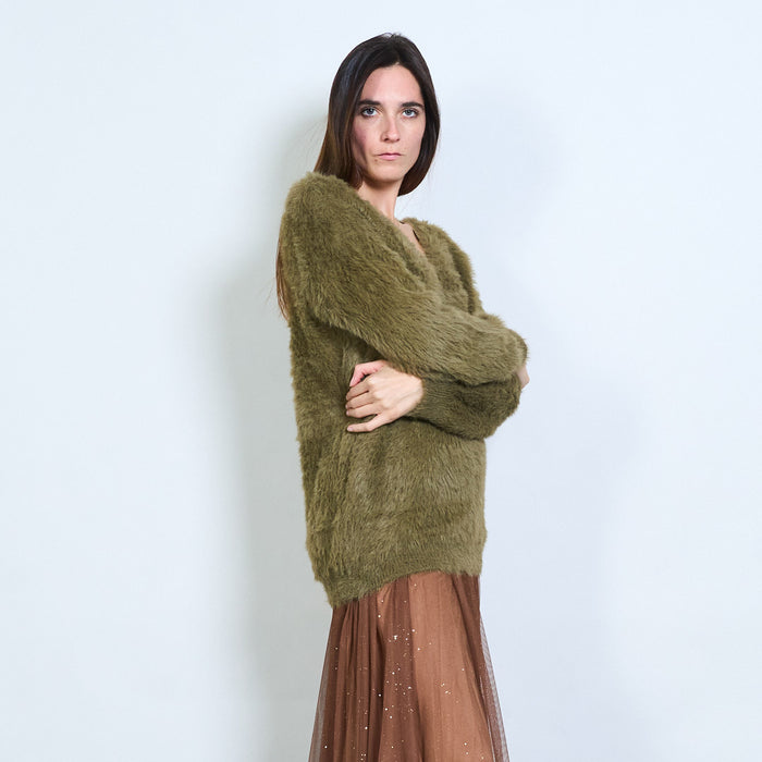 Fuzzy soft-touch deep v-neck long sleeve pullover wholesale