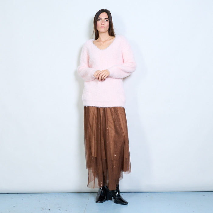 Fuzzy soft-touch deep v-neck long sleeve pullover wholesale