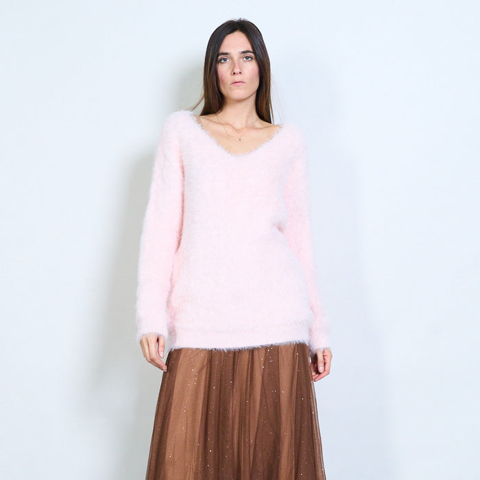 Fuzzy soft-touch deep v-neck long sleeve pullover wholesale