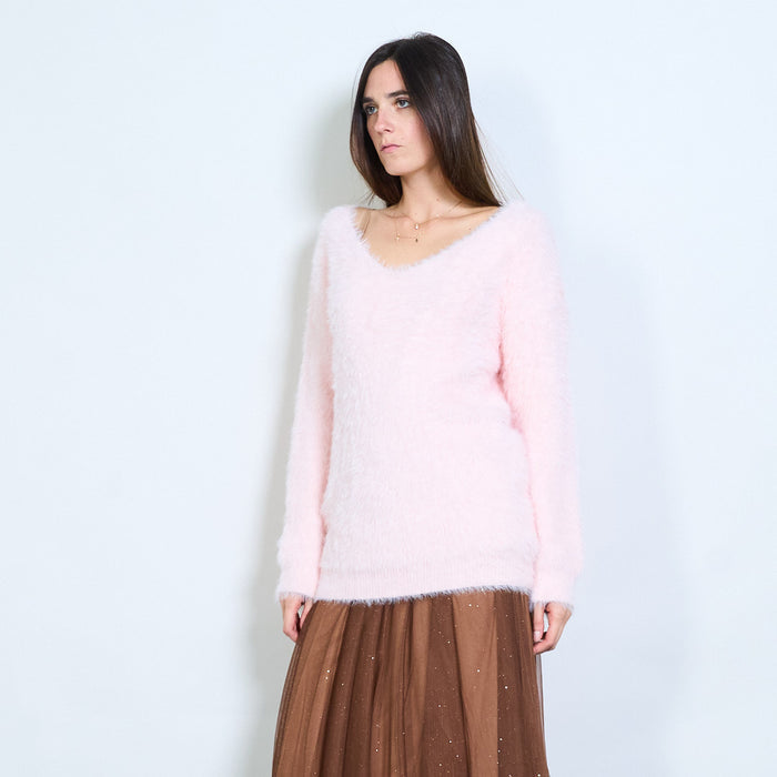 Fuzzy soft-touch deep v-neck long sleeve pullover wholesale