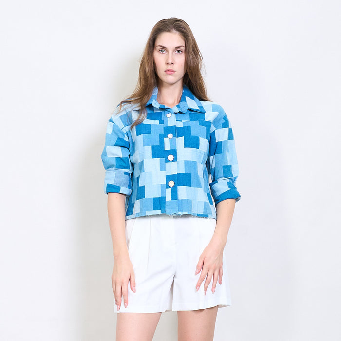 Geometric patchwork-effect denim button shirt wholesale