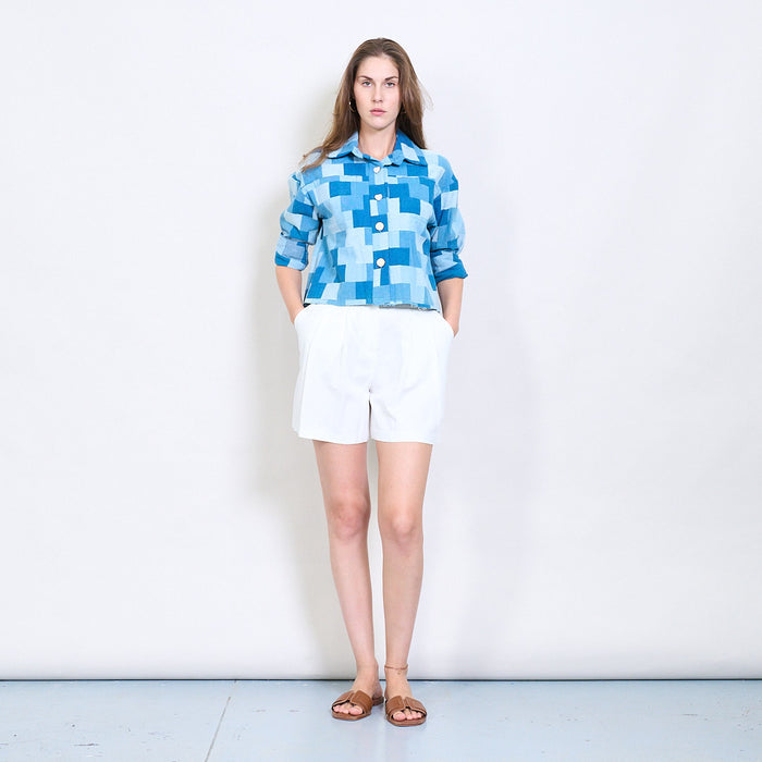 Geometric patchwork-effect denim button shirt wholesale