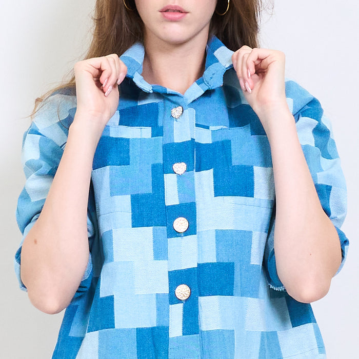 Geometric patchwork-effect denim button shirt wholesale