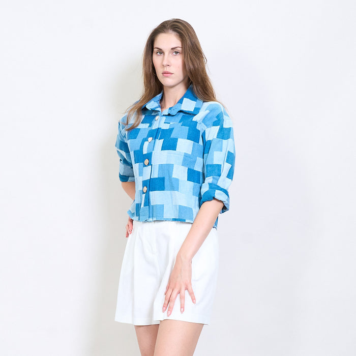 Geometric patchwork-effect denim button shirt wholesale