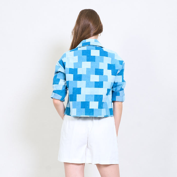 Geometric patchwork-effect denim button shirt wholesale