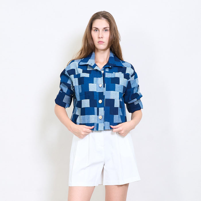 Geometric patchwork-effect denim button shirt wholesale