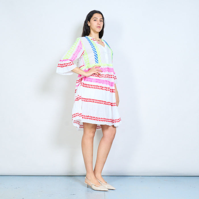Geometric tribal stripe print v-neck tiered midi dress wholesale