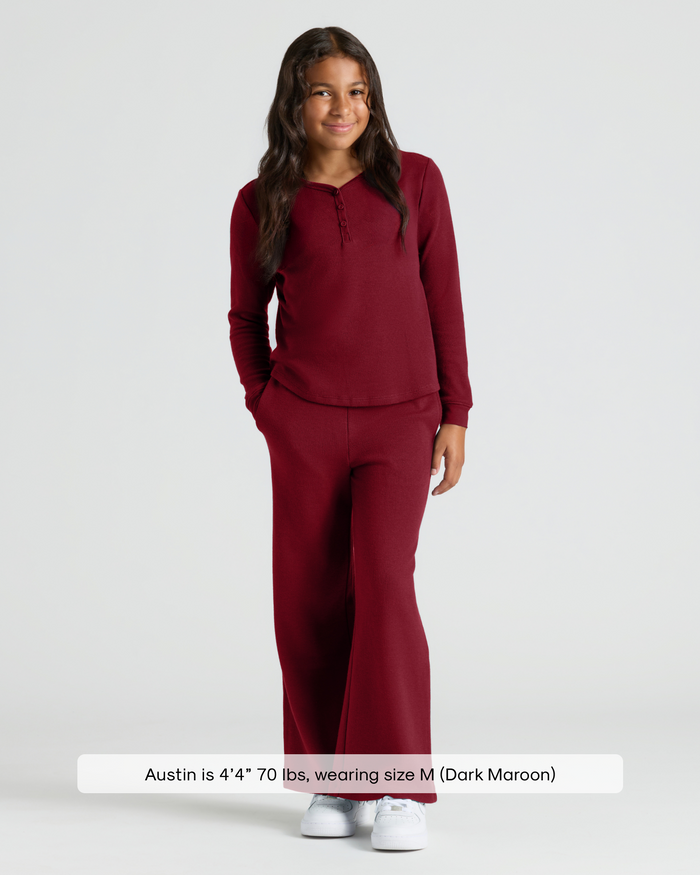 Child wearing Girls Dark Maroon Long Sleeve Boxy Waffle Henley set.