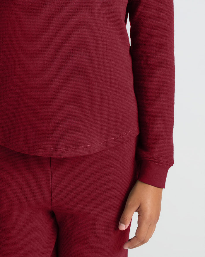 Girls Dark Maroon Waffle Long Sleeve Henley & Waffle Leg Pants.