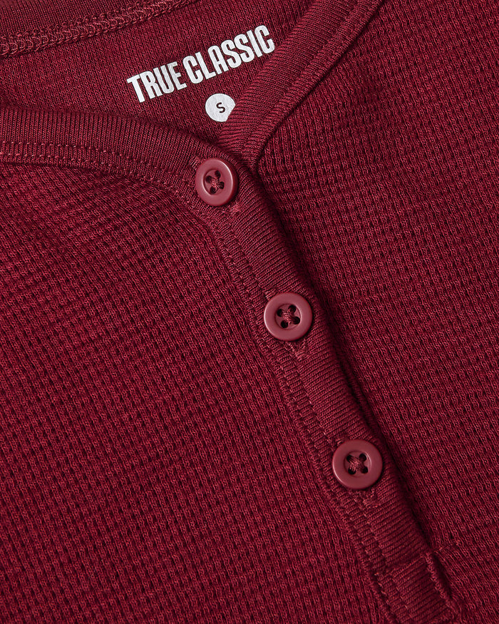 Girls Dark Maroon Long Sleeve Boxy Waffle Henley with ribbed neckline.