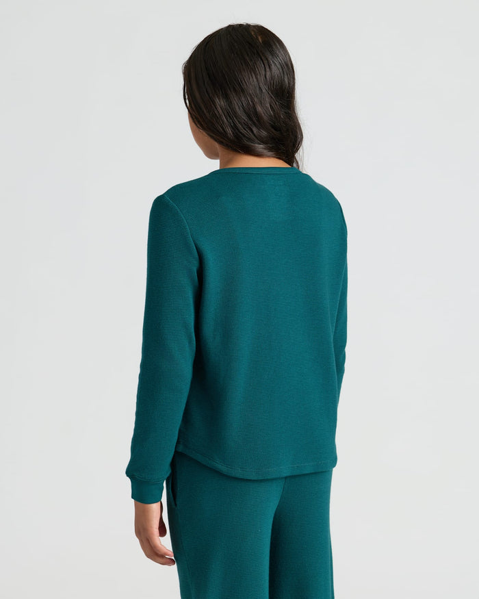 Back view of Girls Deep Emerald Waffle Long Sleeve Henley & Waffle Leg Pants.