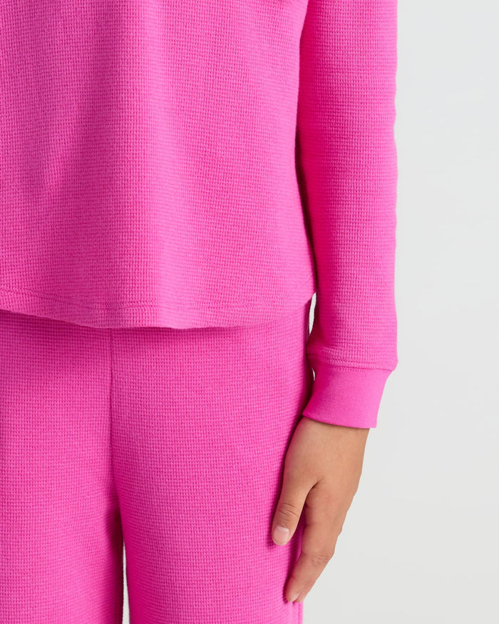 Girls Electric Fuchsia Long Sleeve Boxy Waffle Henley, textured, soft, relaxed fit.