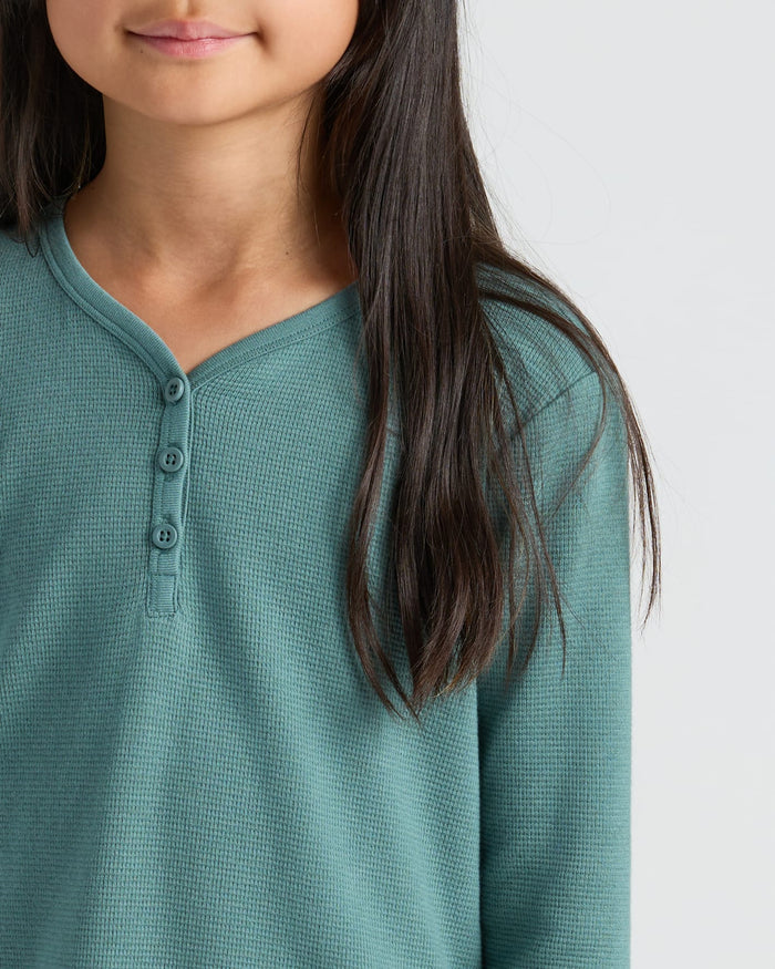 Girls Stormcloud Waffle Long Sleeve Henley close-up, showcasing its textured knit.