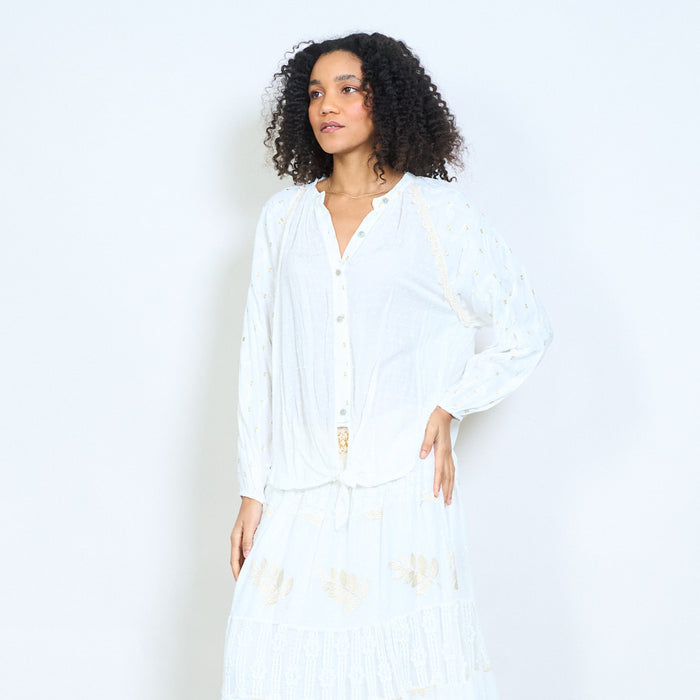 Gold detail textured lace panel tie front blouse wholesale