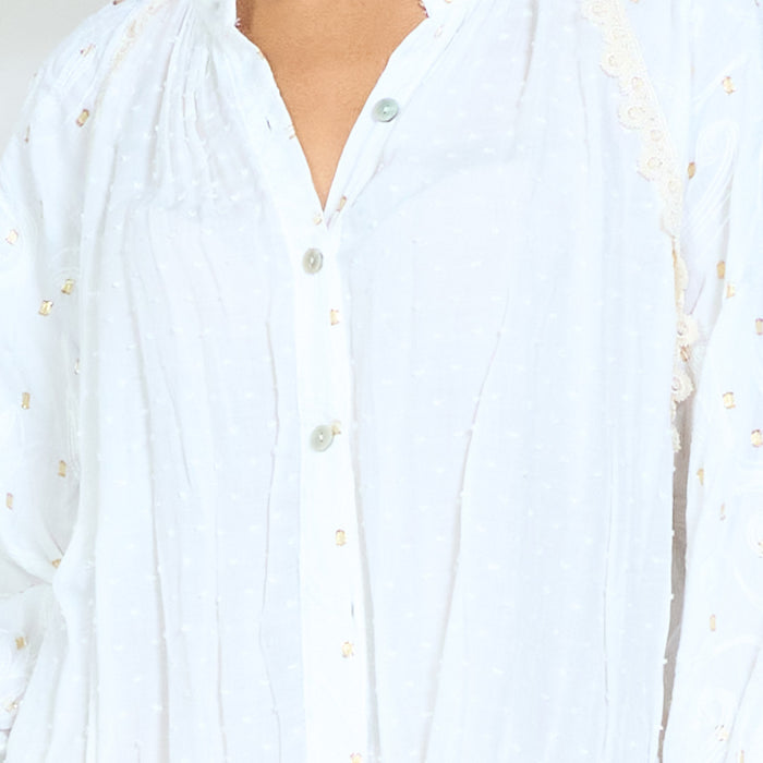 Gold detail textured lace panel tie front blouse wholesale