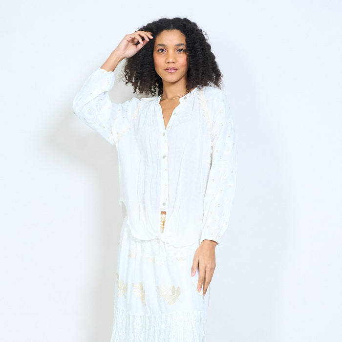 Gold detail textured lace panel tie front blouse wholesale
