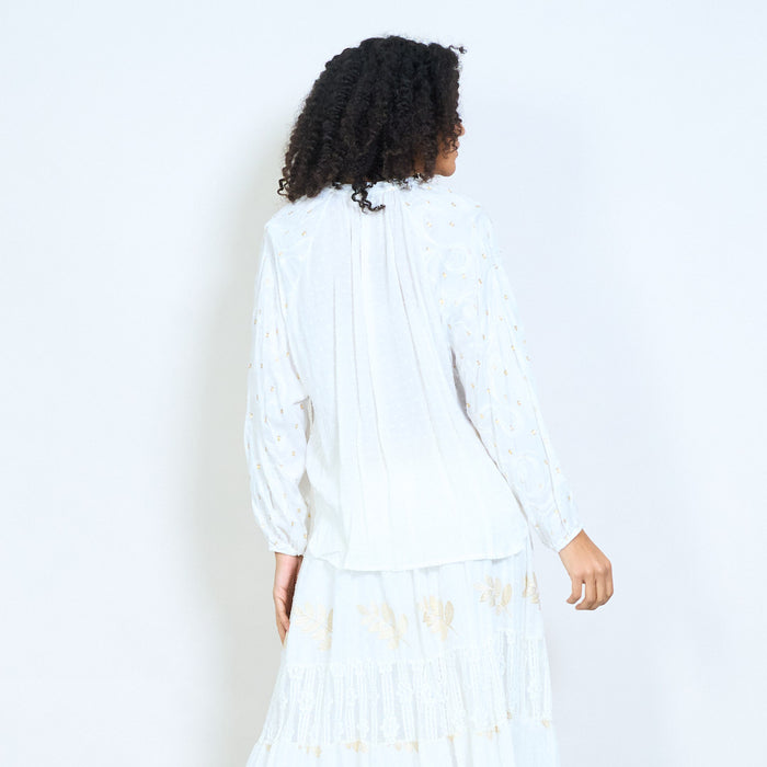 Gold detail textured lace panel tie front blouse wholesale