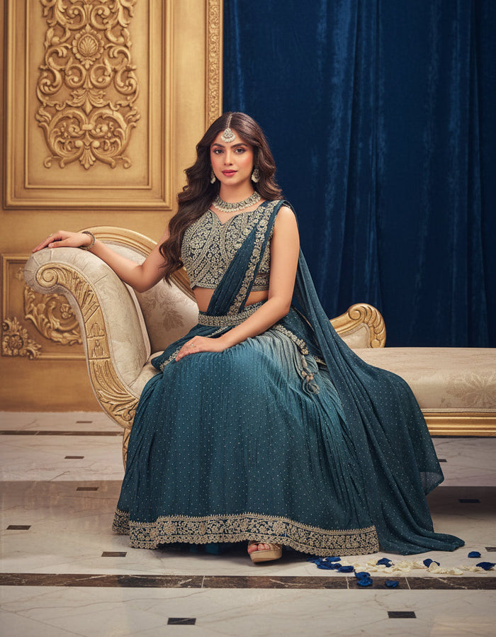 Gold & Navy Embroidered Lehenga Choli Set