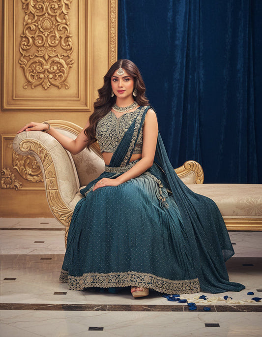 Gold & Navy Embroidered Lehenga Choli Set