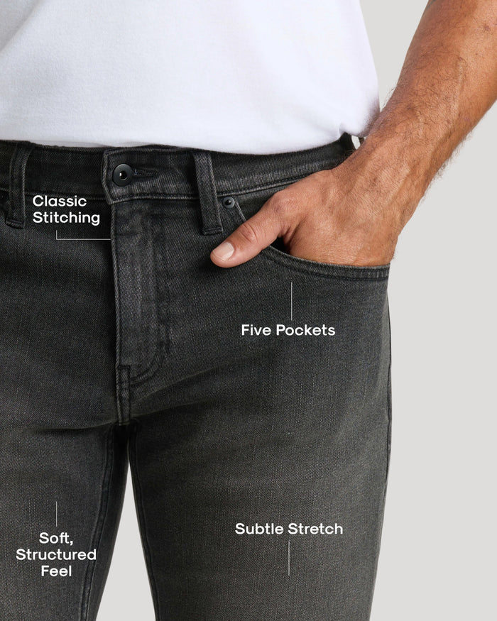 Gray Wash Slim Authentic Denim Jeans with classic stitching and five-pocket design.