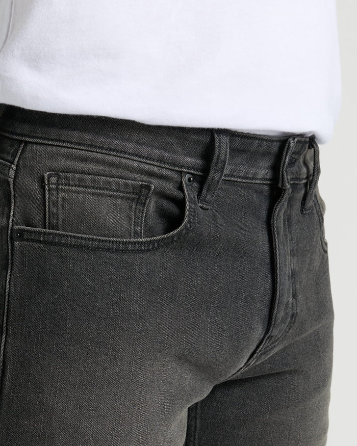 Gray Wash Slim Authentic Denim Jeans with front pockets and belt loops.