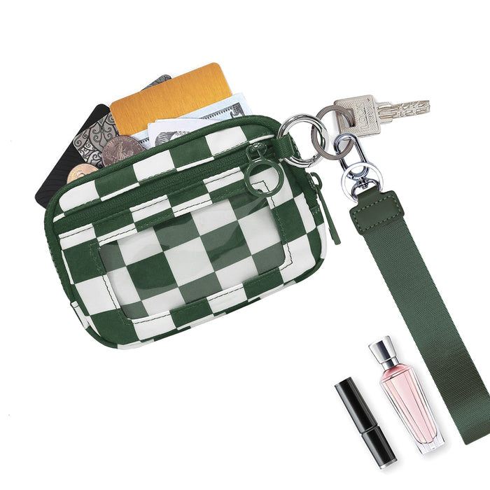Green Checkered Mini Zippered Wristlet Wallet
