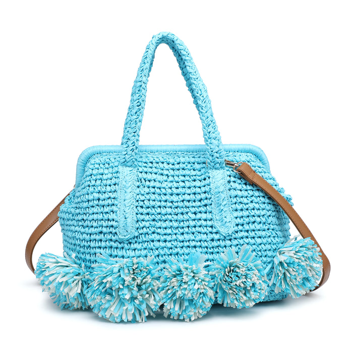 Handwoven tote bag with pompom trim wholesale