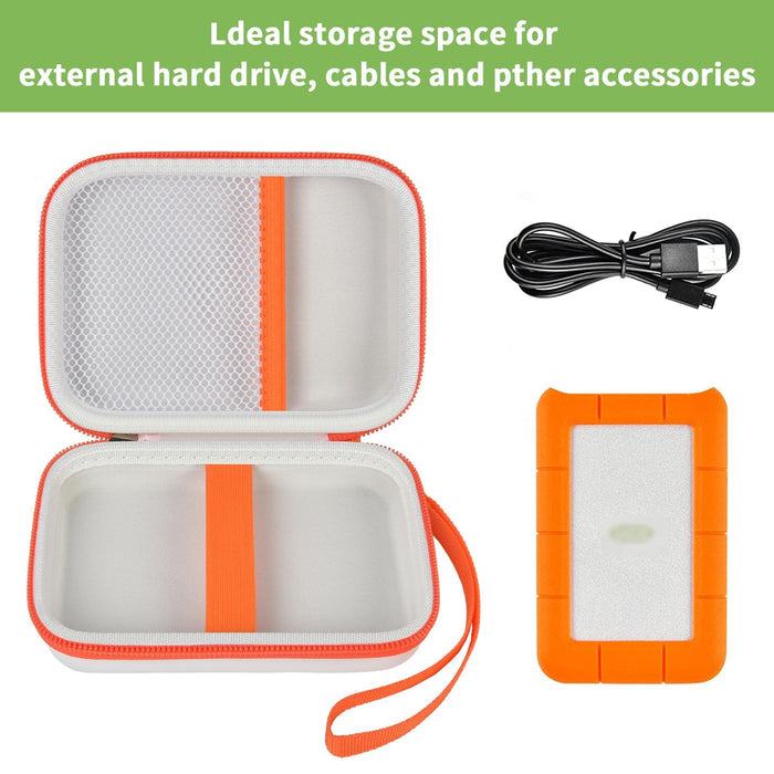 Open gray and orange hard drive case with mesh pocket, elastic strap, cable, and portable drive