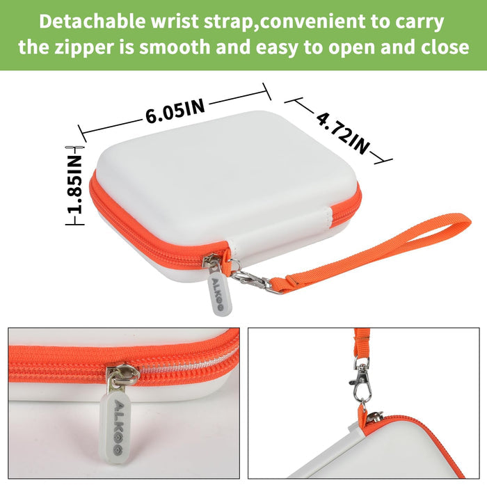 Gray and orange hard drive case dimensions with detachable wrist strap and zipper details