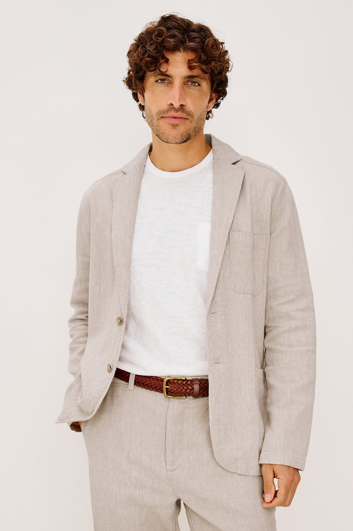 Harris Blazer in Cotton-Linen Blend With Single-Breasted Buttons, Straight Fit, Notched Lapels, and Front Patch Pockets in Sand Dune Colorway - Upper Body Front View Featured on Model