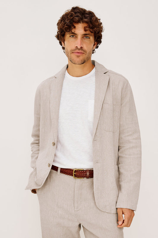 Harris Blazer in Cotton-Linen Blend With Single-Breasted Buttons, Straight Fit, Notched Lapels, and Front Patch Pockets in Sand Dune Colorway - Upper Body Front View Featured on Model