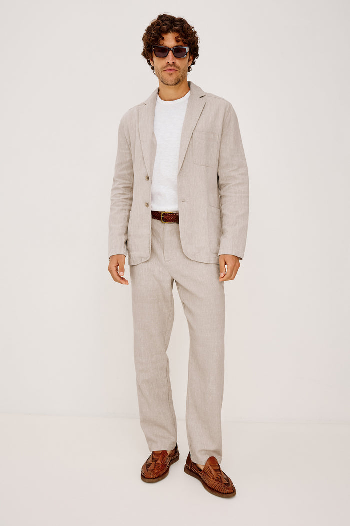 Harris Blazer in Cotton-Linen Blend With Single-Breasted Buttons, Straight Fit, Notched Lapels, and Front Patch Pockets in Sand Dune Colorway - Full Body Front View Featured on Model