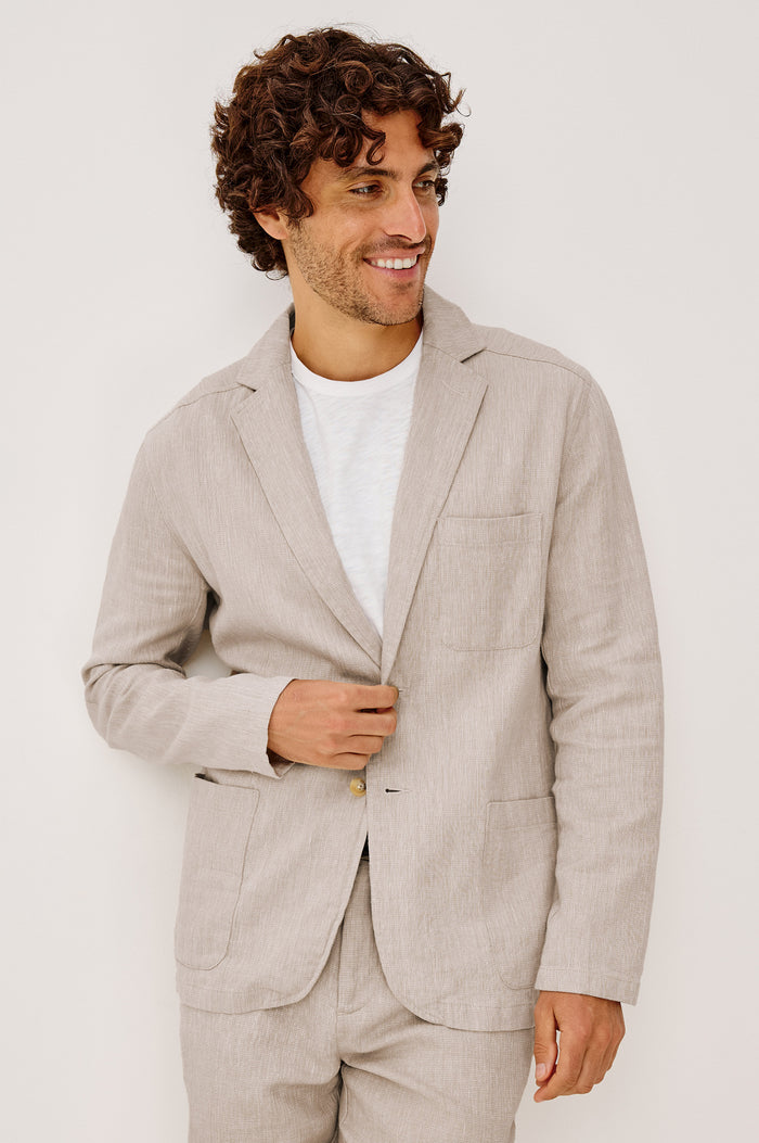 Harris Blazer in Cotton-Linen Blend With Single-Breasted Buttons, Straight Fit, Notched Lapels, and Front Patch Pockets in Sand Dune Colorway - Upper Body Front View Featured on Model