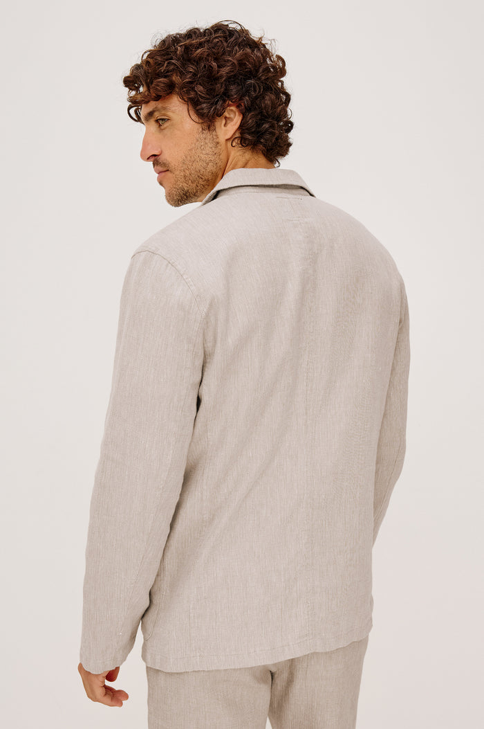Harris Blazer in Cotton-Linen Blend With Single-Breasted Buttons, Straight Fit, Notched Lapels, and Front Patch Pockets in Sand Dune Colorway - Upper Body Back View Featured on Model