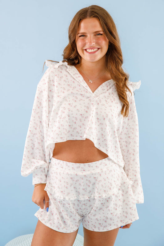 Dainty Floral Print Ribbed Pajama Top- White Ruffle Pajamas- Women's Pajama Short Set