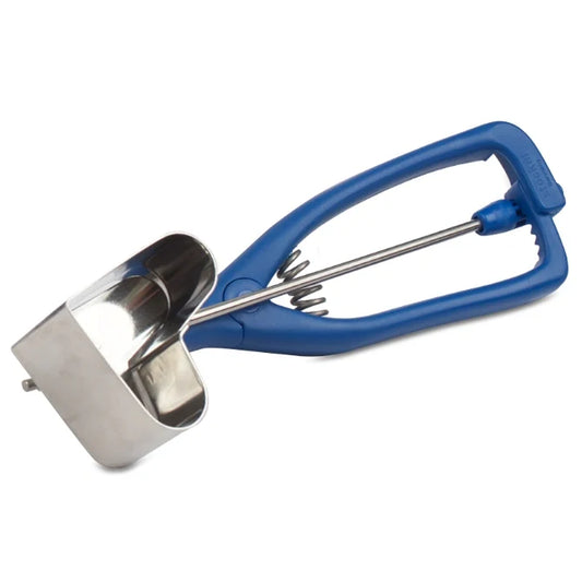 Blue-handled metal scoop on a white background