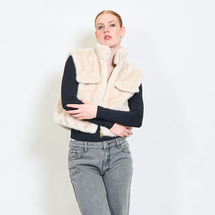 High collar faux fur vest with flap pockets wholesale