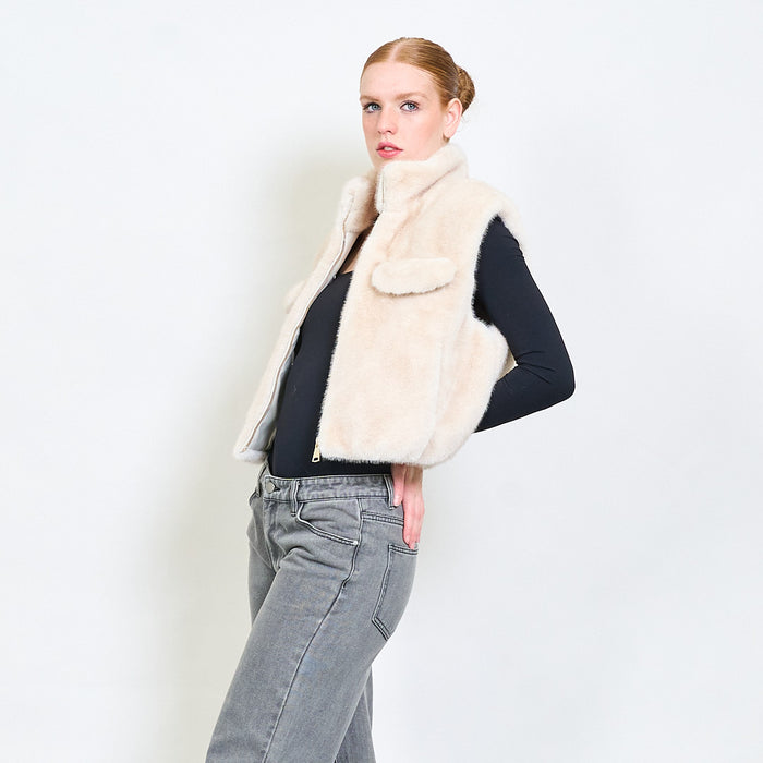 High collar faux fur vest with flap pockets wholesale