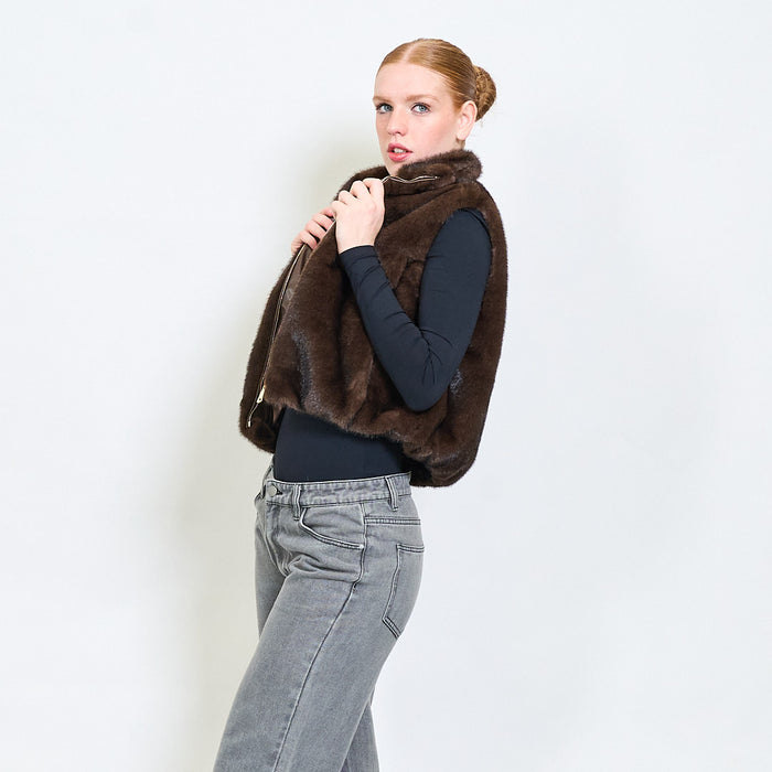 High collar faux fur vest with flap pockets wholesale