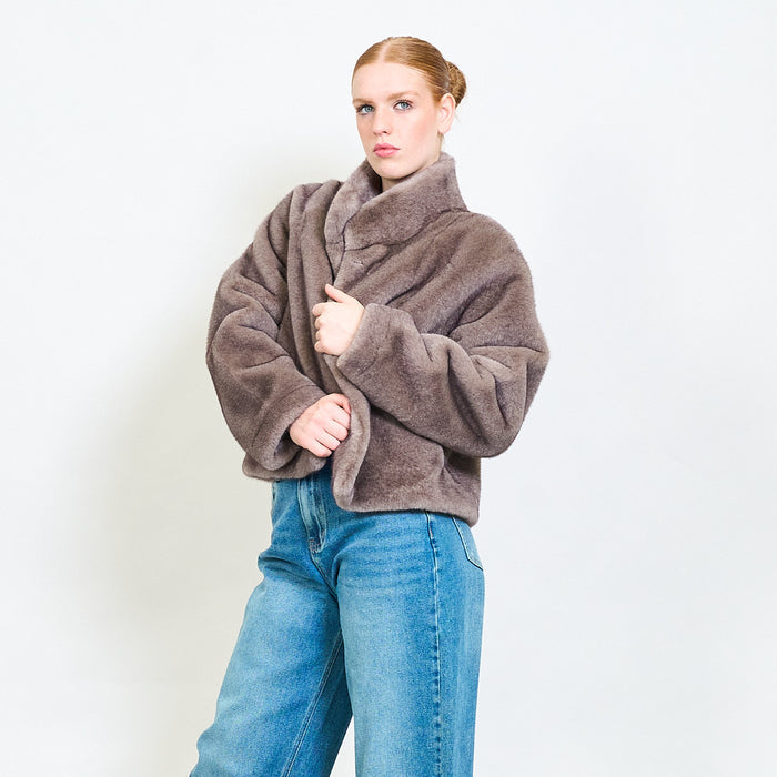 High neck minimal faux fur short jacket wholesale
