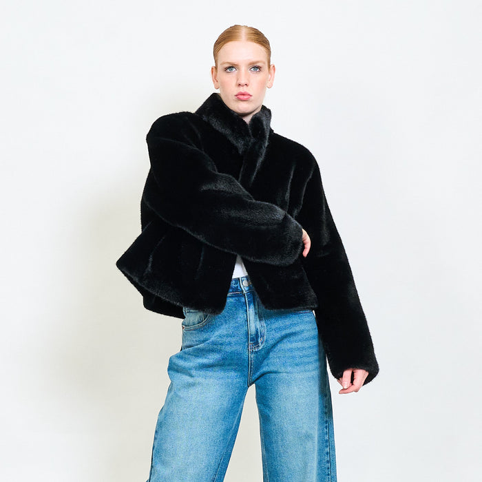 High neck minimal faux fur short jacket wholesale