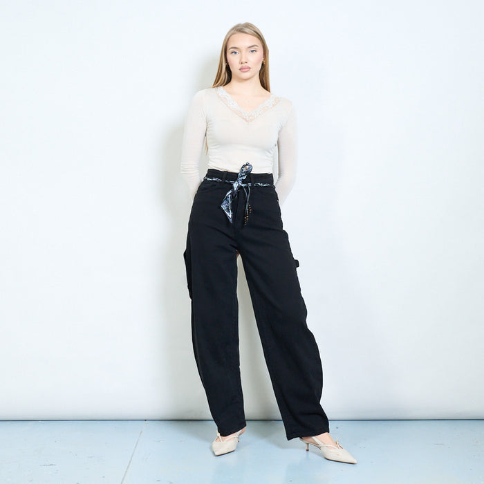 High-rise tapered denim jeans with printed scarf belt wholesale
