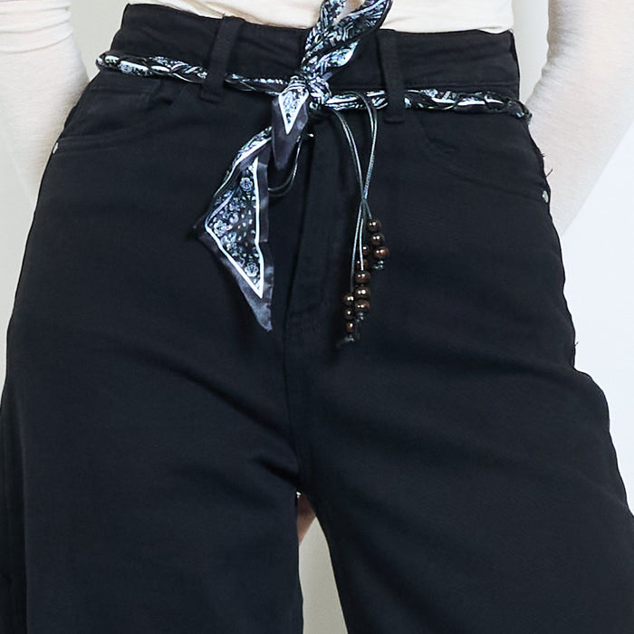 High-rise tapered denim jeans with printed scarf belt wholesale