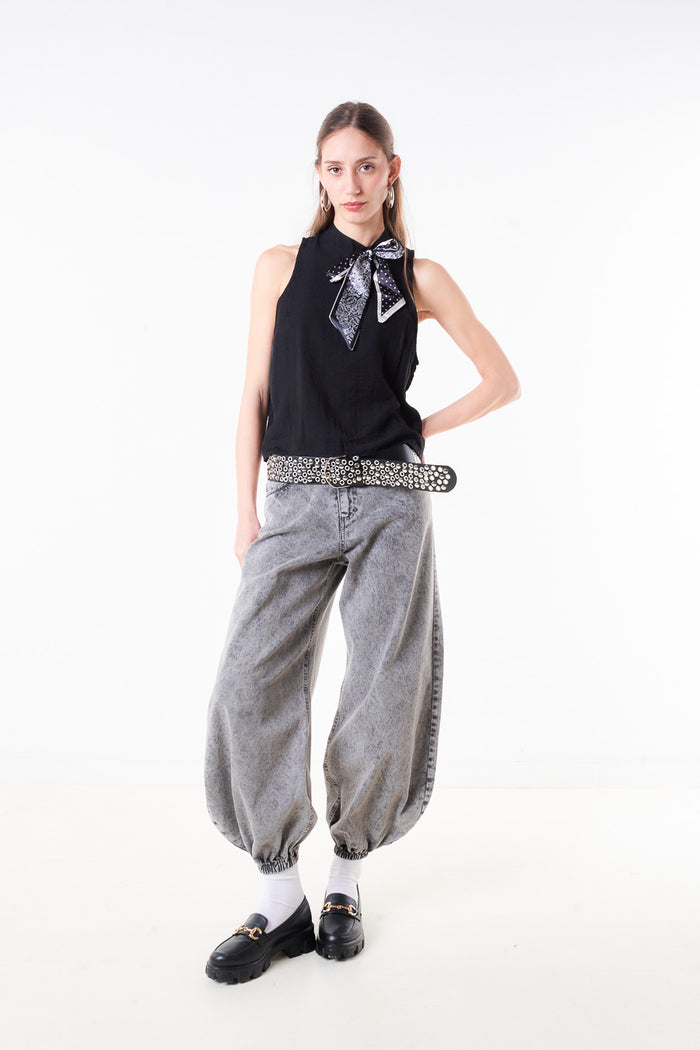 High waist barrel leg denim trouser with elastic cuff hem wholesale