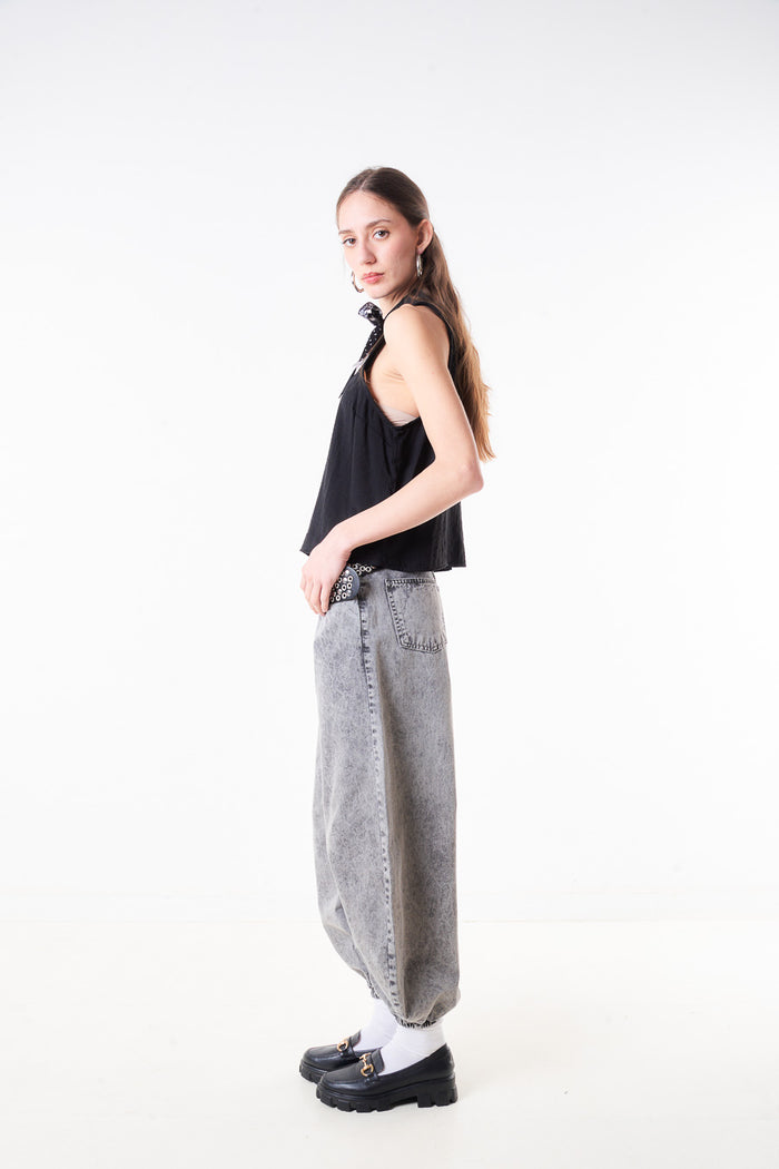 High waist barrel leg denim trouser with elastic cuff hem wholesale