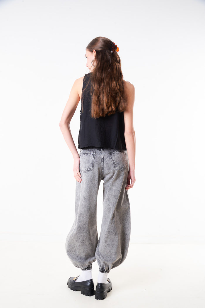 High waist barrel leg denim trouser with elastic cuff hem wholesale