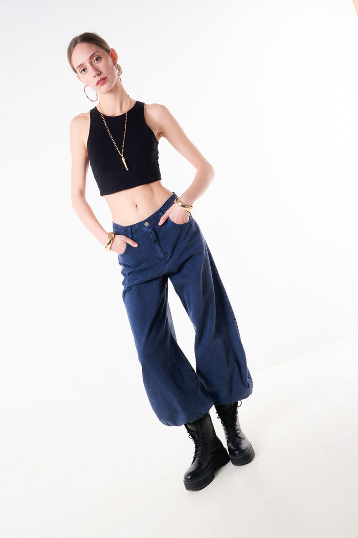 High waist barrel leg denim trouser with elastic cuff hem wholesale