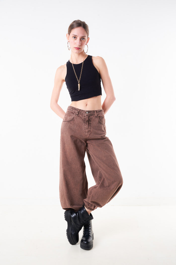 High waist barrel leg denim trouser with elastic cuff hem wholesale