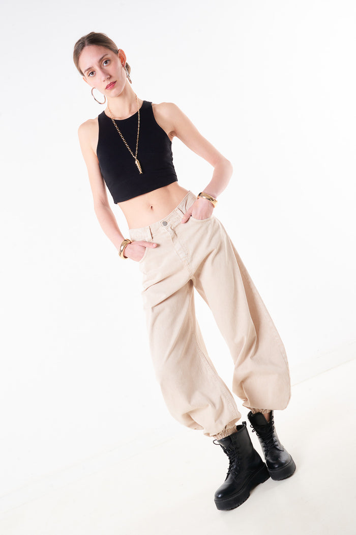High waist barrel leg denim trouser with elastic cuff hem wholesale