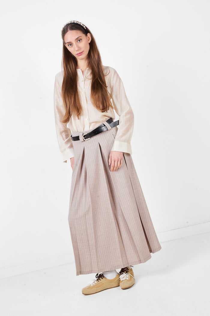 High waist pleated maxi skirt with subtle check pattern and fluid silhouette wholesale
